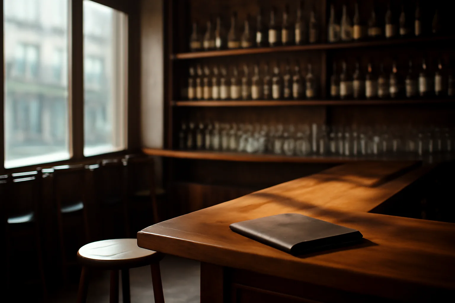 Empty restaurant bar in morning light before a liquor license is finalized