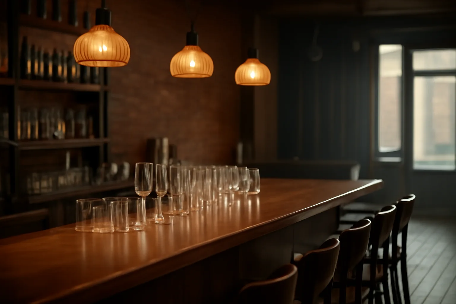 Empty bar interior with ceiling microphone showing audio setup unrelated to liquor licensing