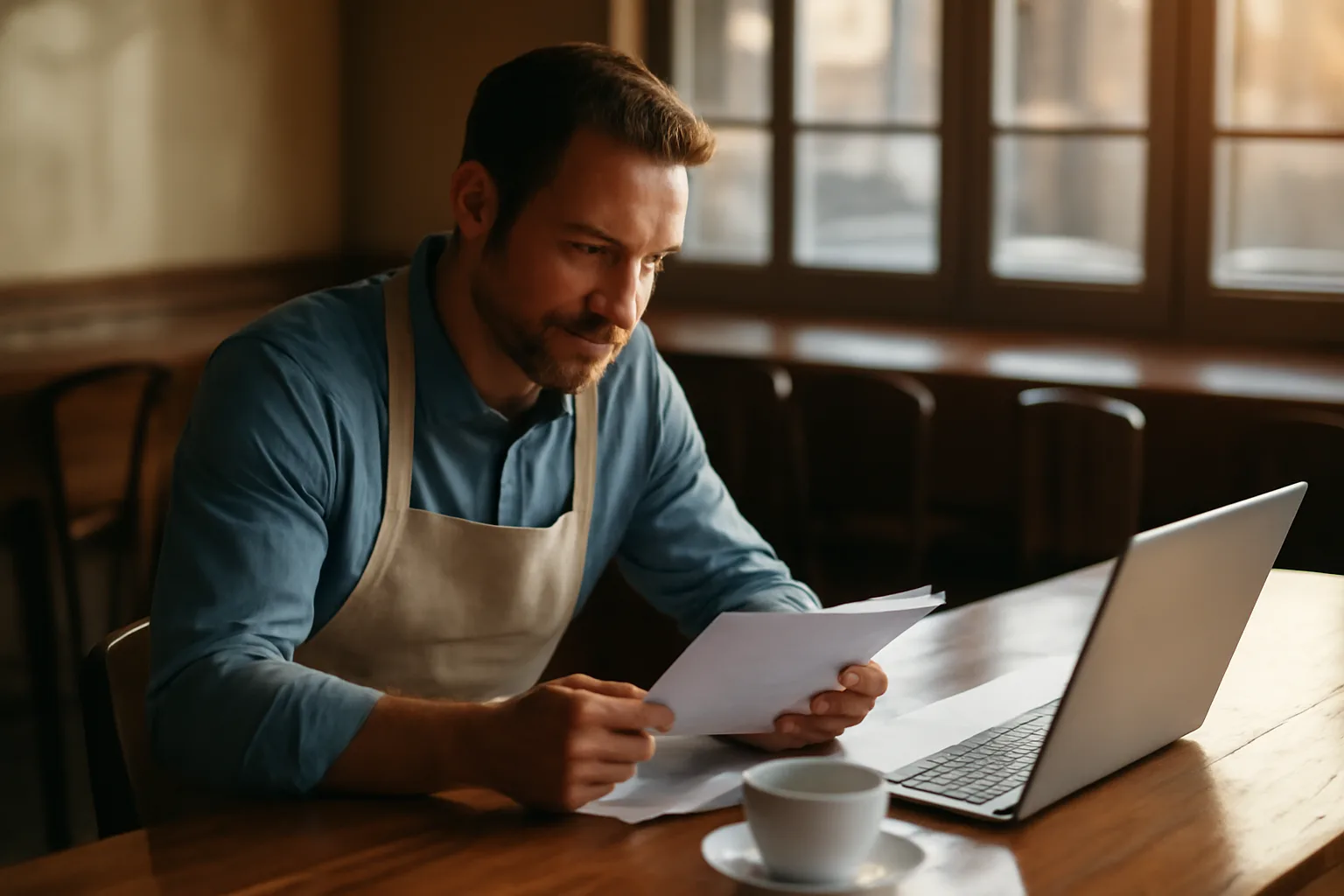 Restaurant owner reviewing liquor license paperwork at an empty bar counter