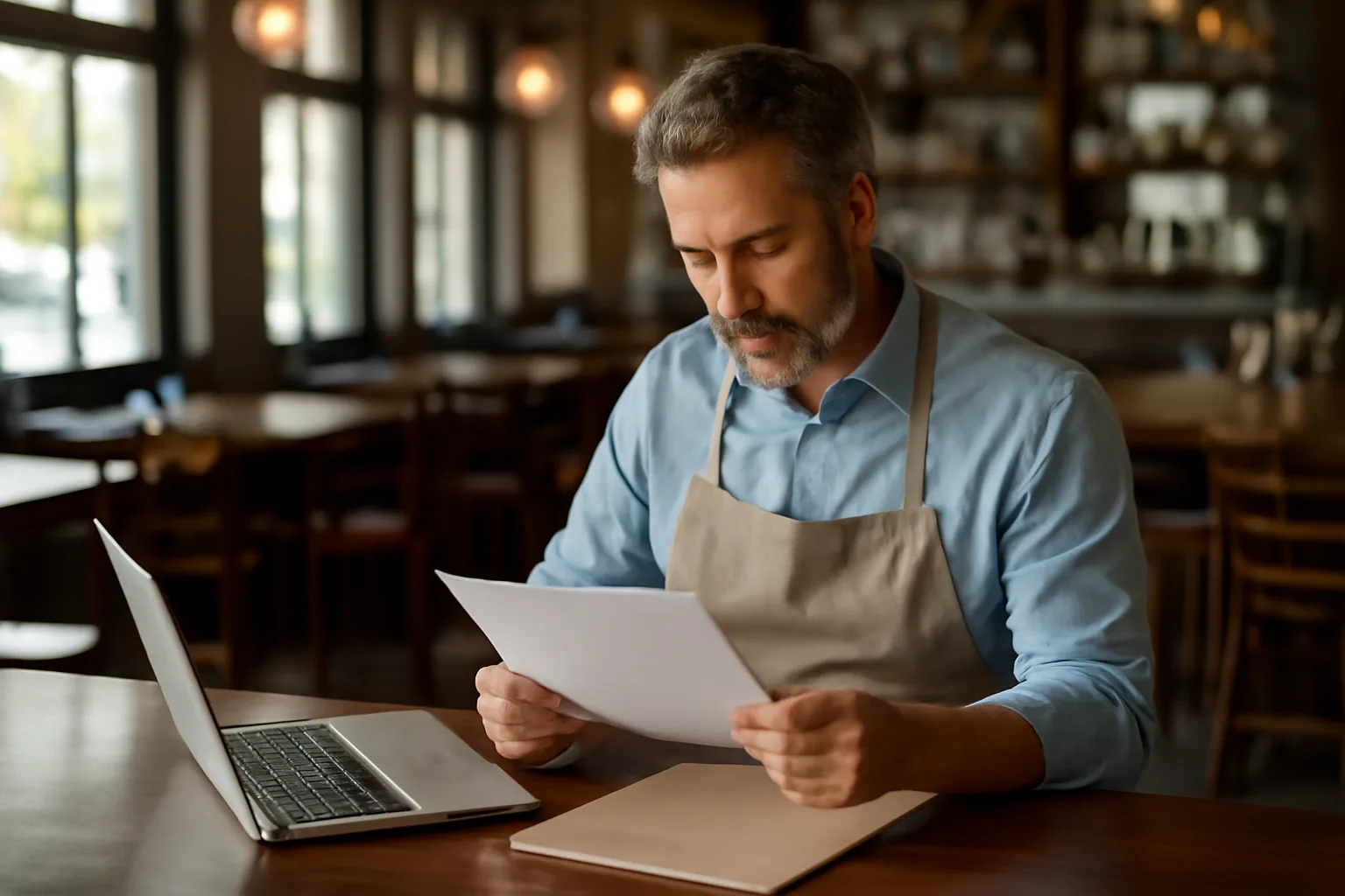 Restaurant owner reviewing liquor license paperwork at an empty bar counter