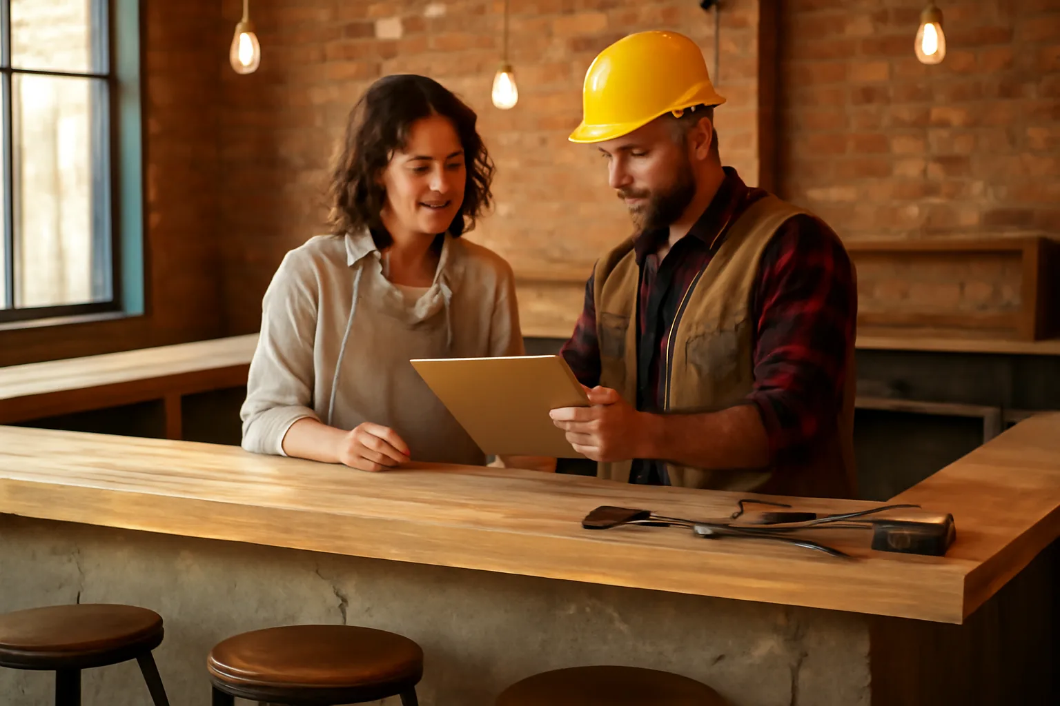 Bar owner and contractor reviewing paperwork at an under-construction bar counter
