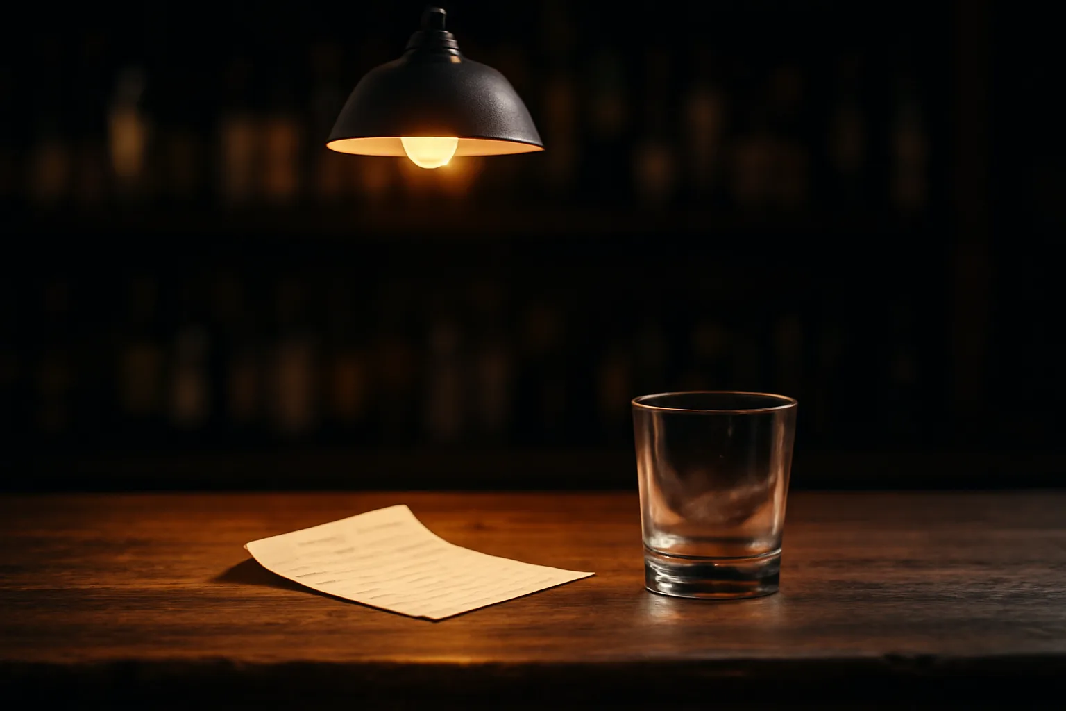 Dim bar counter at closing time evoking how long a liquor license lasts before renewal