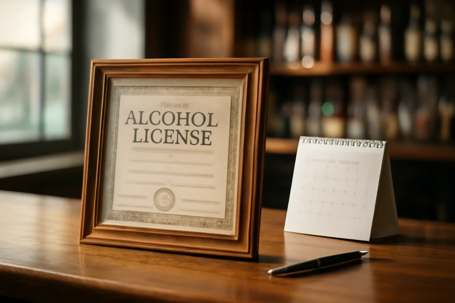 Liquor license certificate on a bar counter next to a calendar showing renewal planning