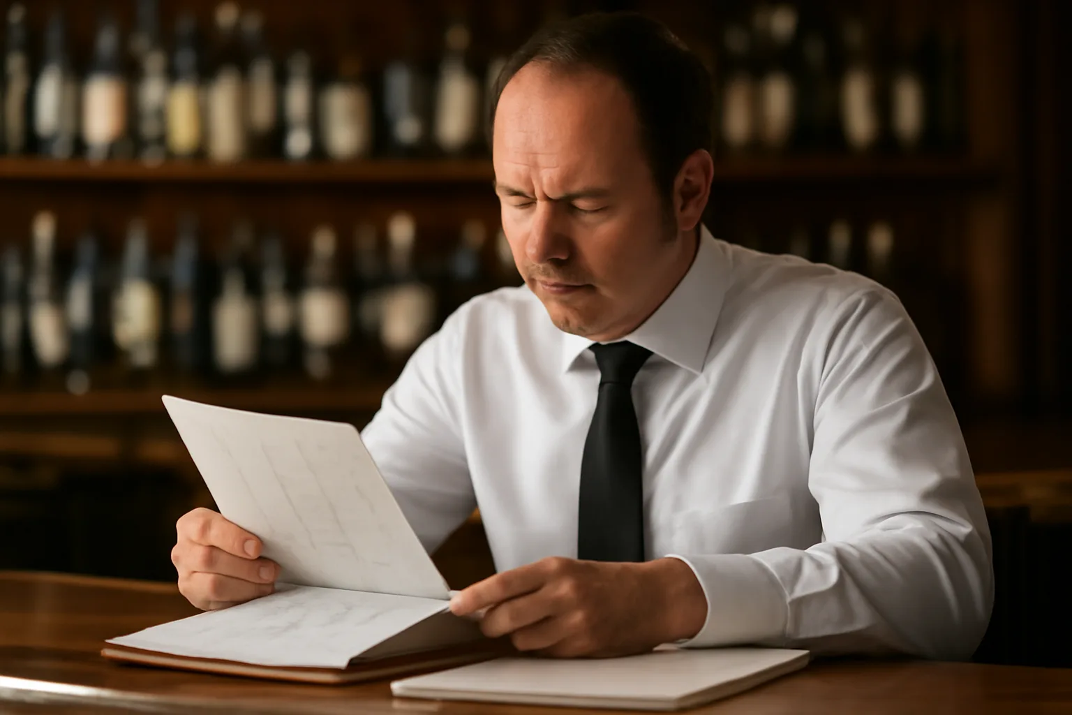 Restaurant owner checking renewal dates for an ABC liquor license at a bar counter