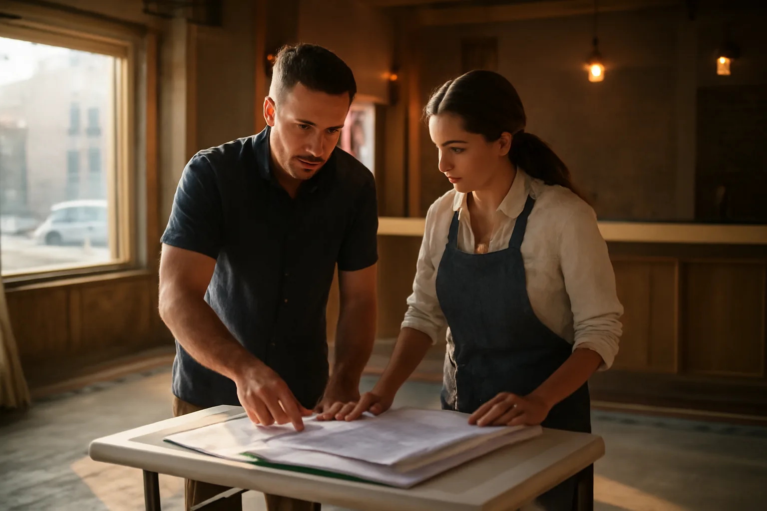 Restaurant owner reviewing paperwork near an unfinished bar counter before opening
