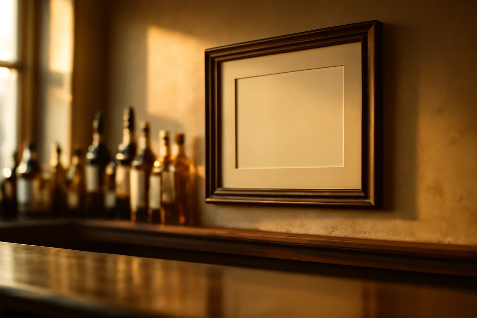 Framed license certificate hanging behind a bar counter in warm afternoon light