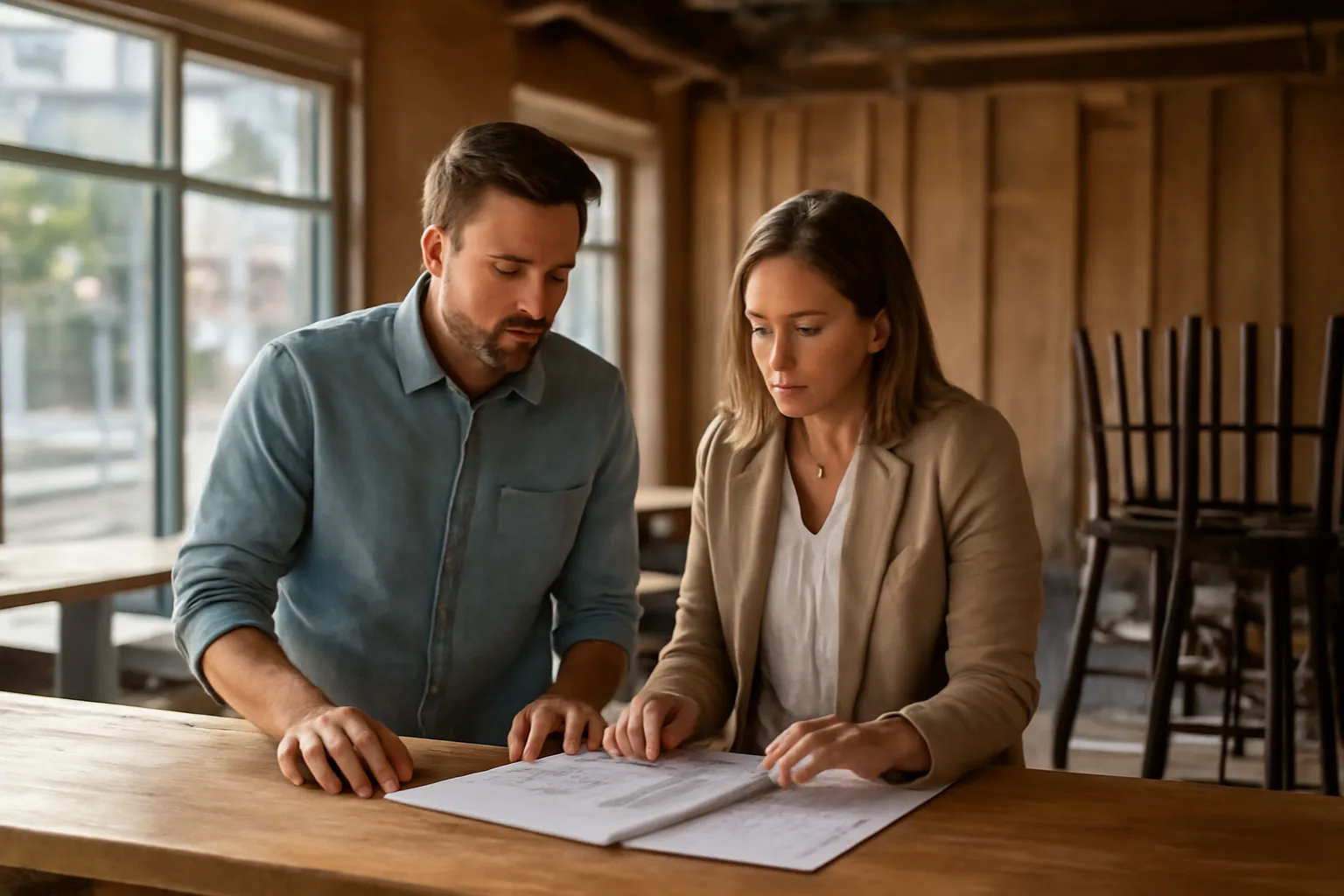 Restaurant owner reviewing liquor license paperwork with a clerk in an unfinished dining room