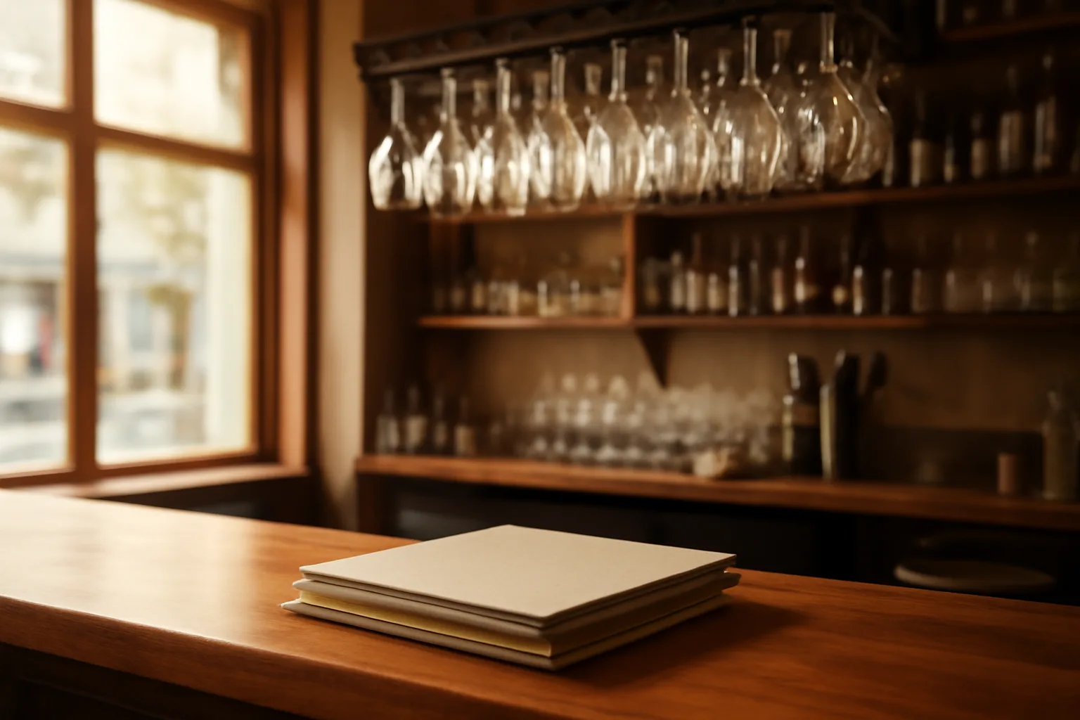 Empty restaurant bar counter with paperwork folders during liquor license application planning