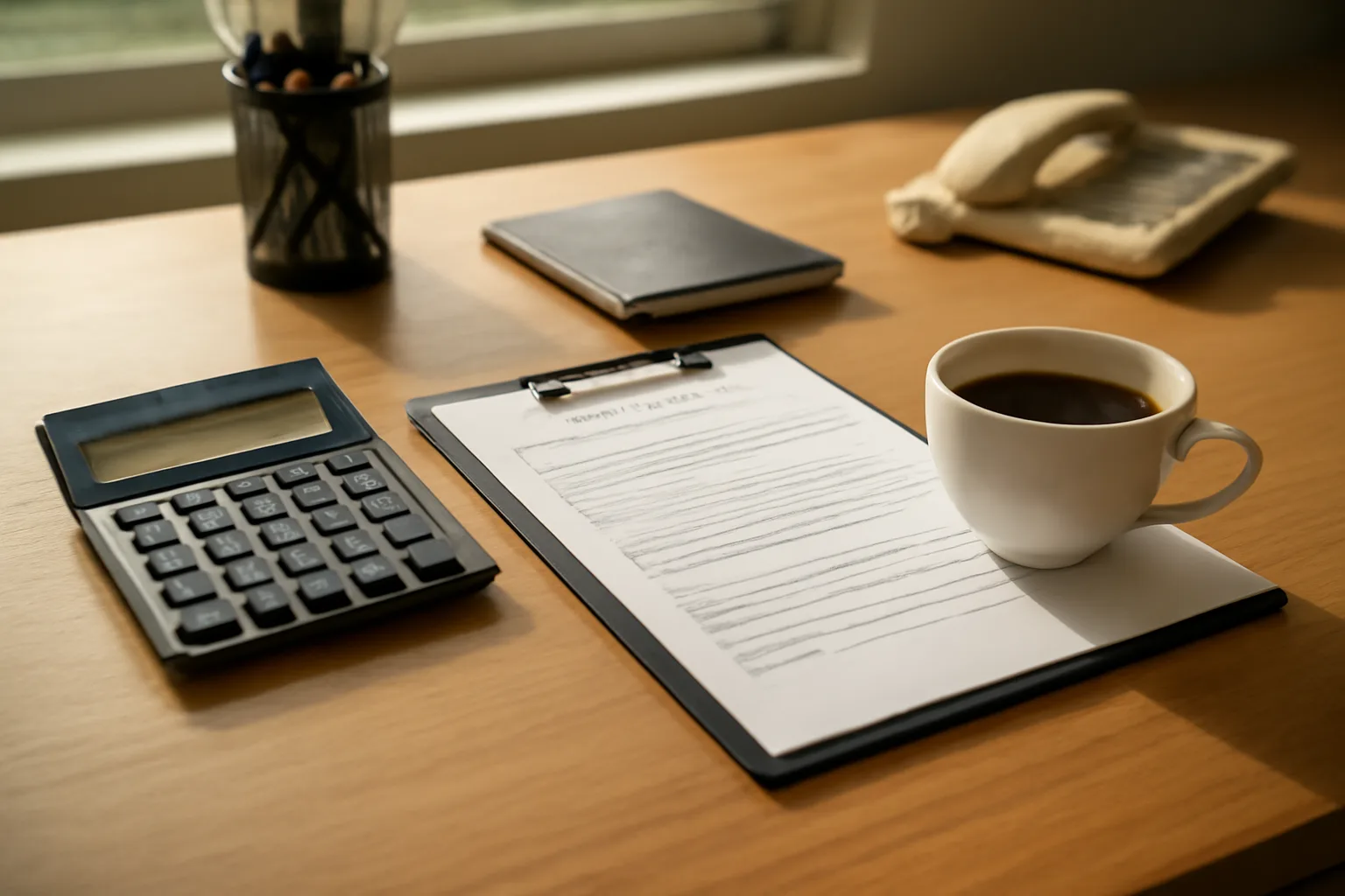 Restaurant office desk with paperwork and calculator representing liquor license cost planning in NC