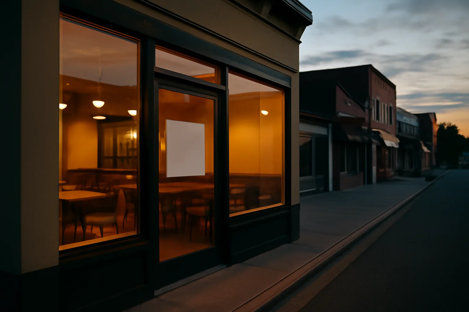 Empty storefront restaurant space at dusk representing the cost of a NJ liquor license search