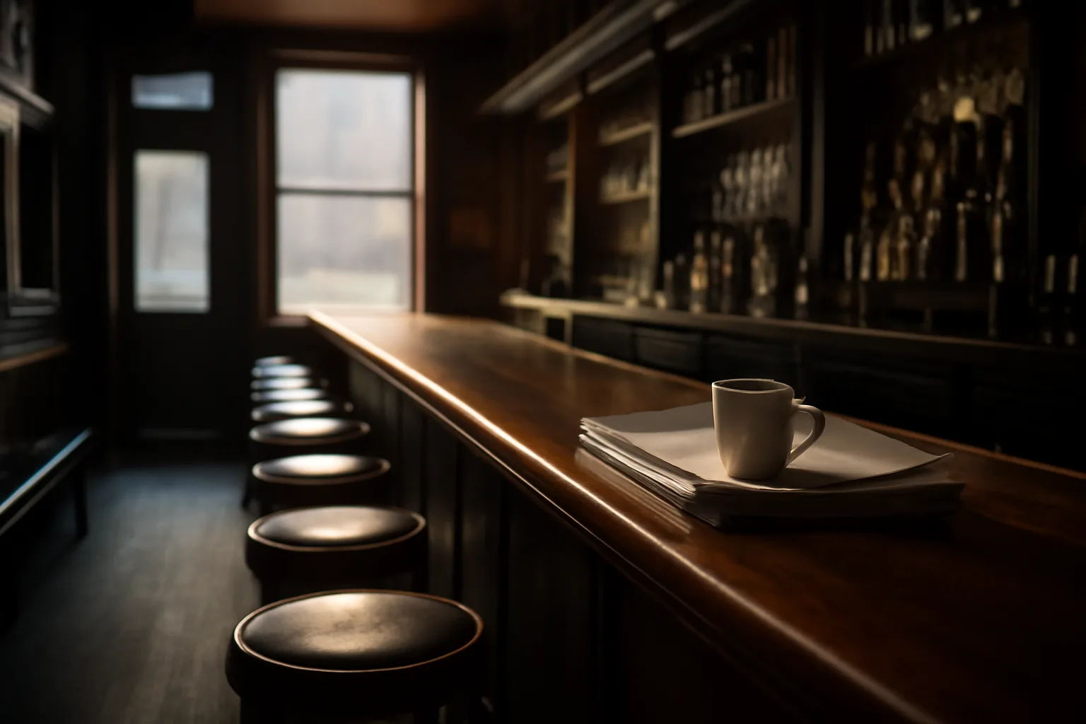 Empty NYC bar interior in morning light before opening, illustrating liquor license planning