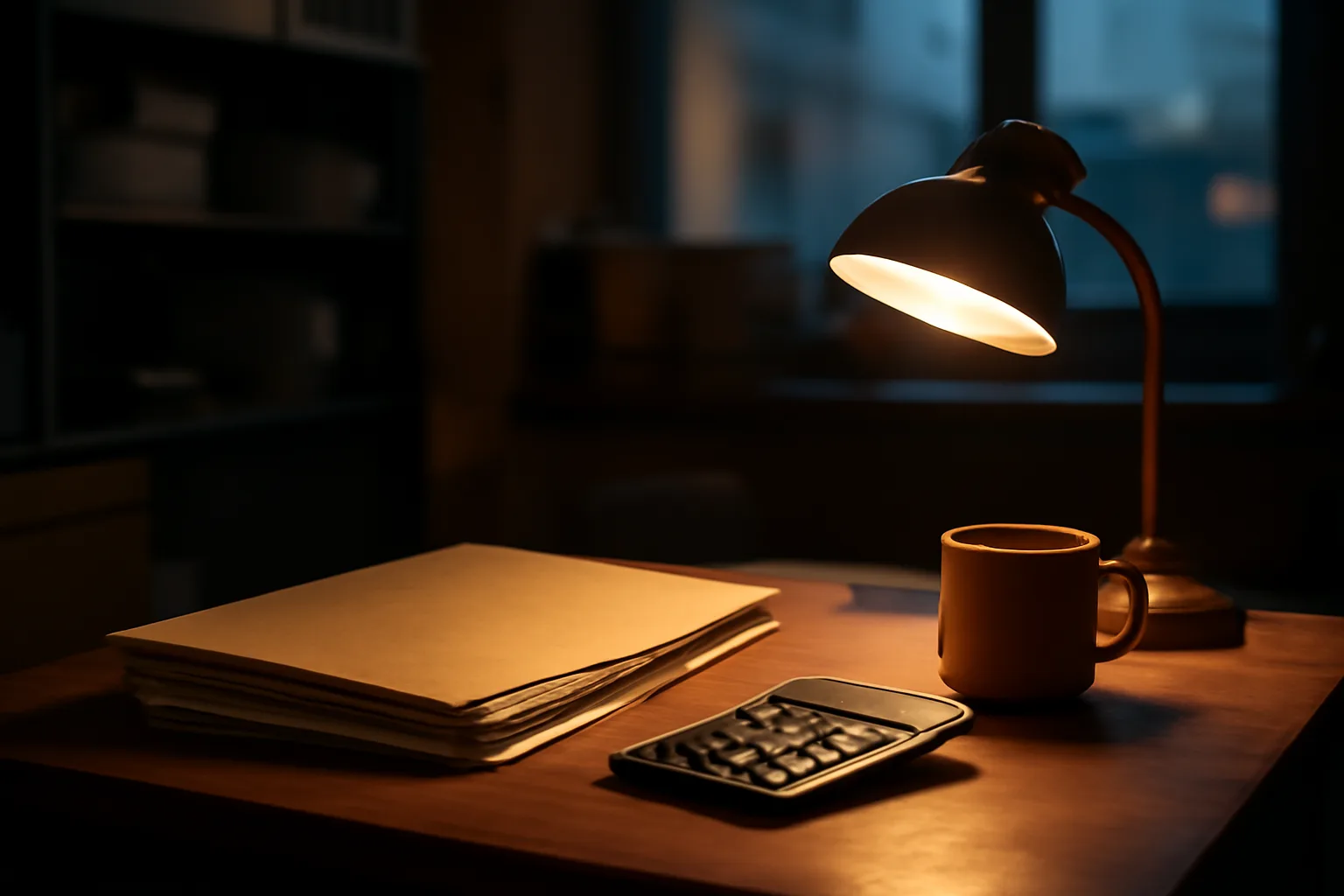 Restaurant owner's desk with paperwork and calculator, planning liquor license costs at dusk
