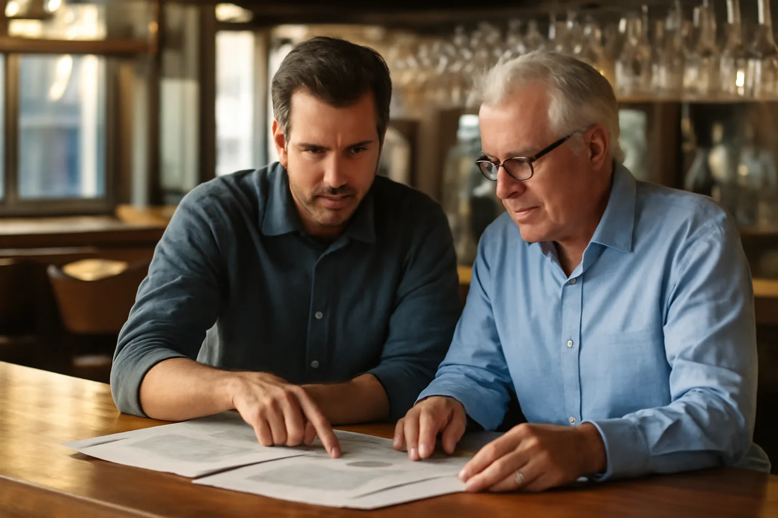 Restaurant owner and advisor reviewing liquor license paperwork at a bar counter