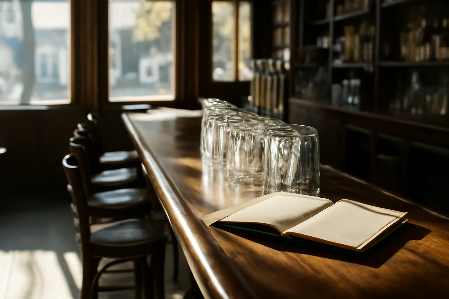 Sunlit empty bar counter with glassware, evoking cost of a liquor license