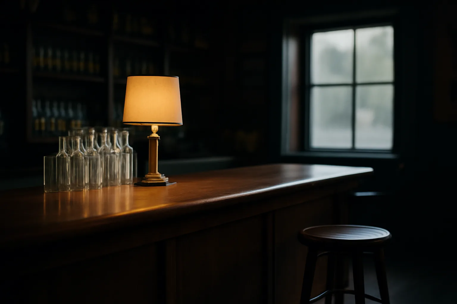 Empty bar interior with wooden counter and glassware before a liquor license is finalized