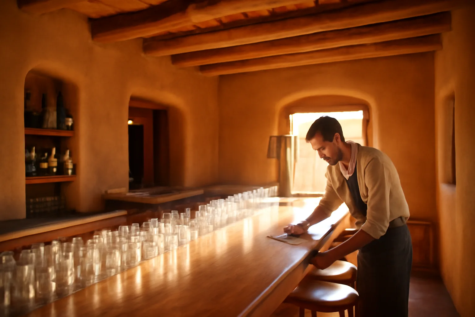 Bartender wiping counter in a sunlit New Mexico restaurant bar setting