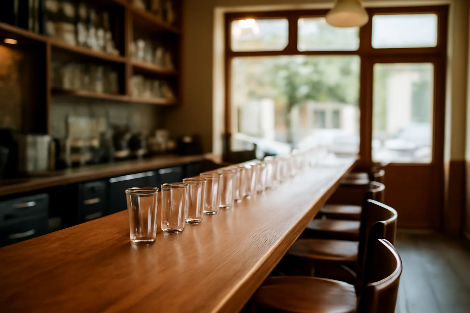 Empty restaurant bar counter with glassware, representing Washington state liquor license planning