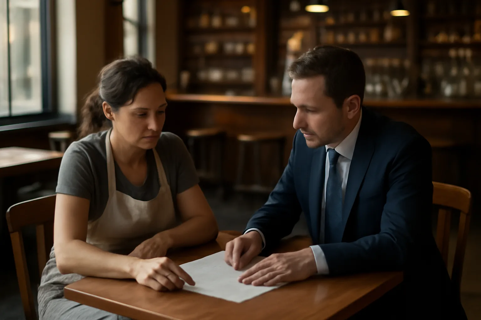 Restaurant owner reviewing documents with attorney inside an empty bar, illustrating NJ liquor license cost planning