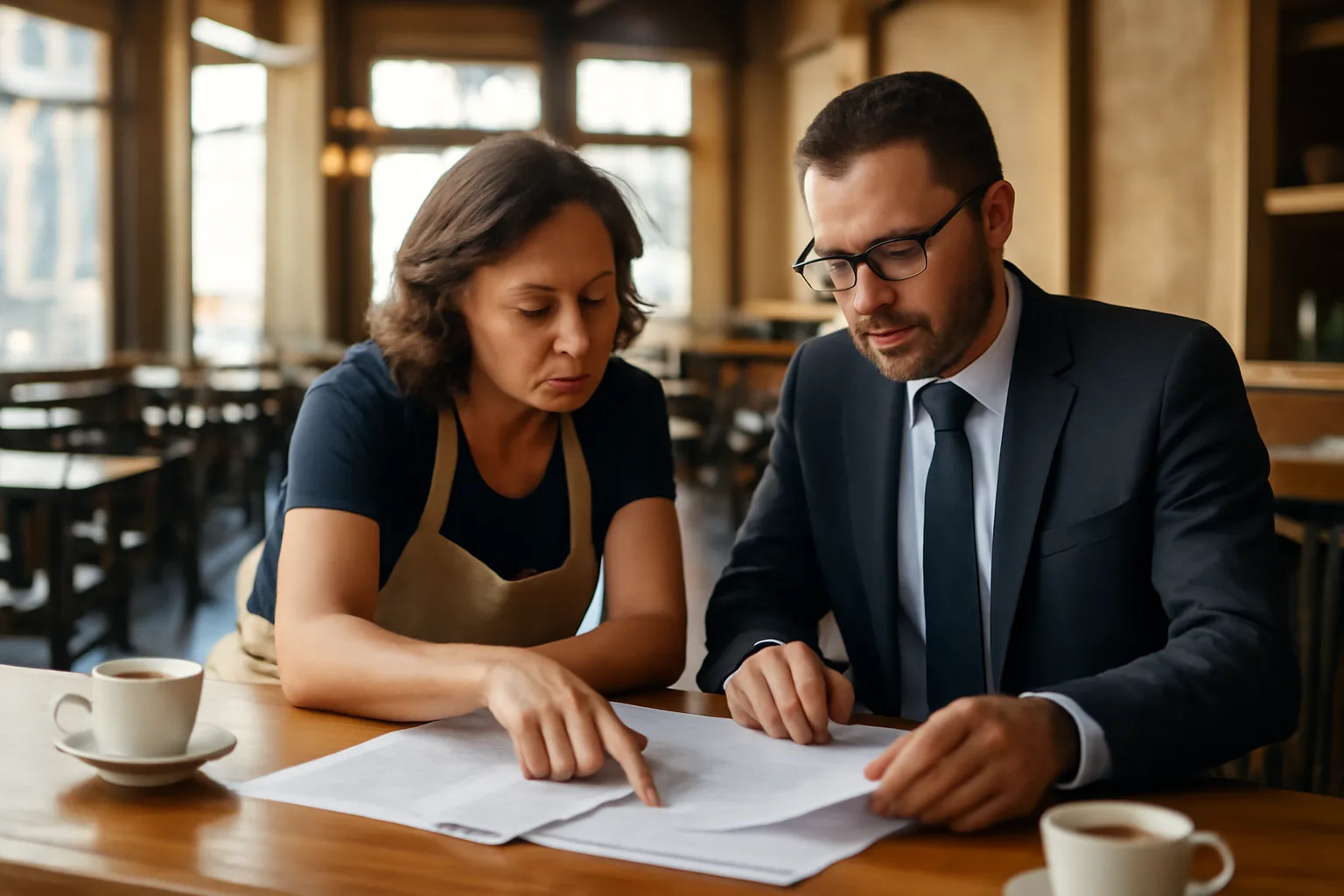 Restaurant owner and advisor reviewing liquor license paperwork at an empty bar