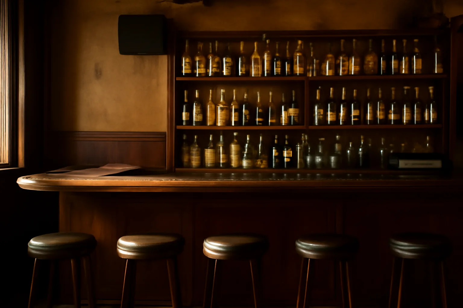 Empty neighborhood bar interior with speaker mounted above shelves in warm afternoon light