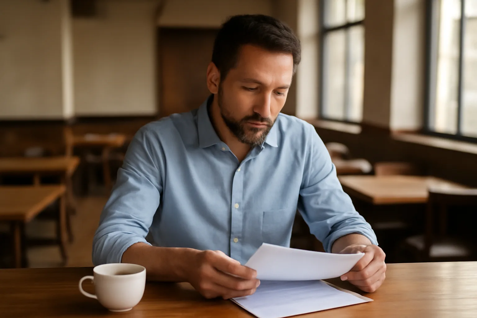 Restaurant owner reviewing liquor license paperwork at empty bar counter