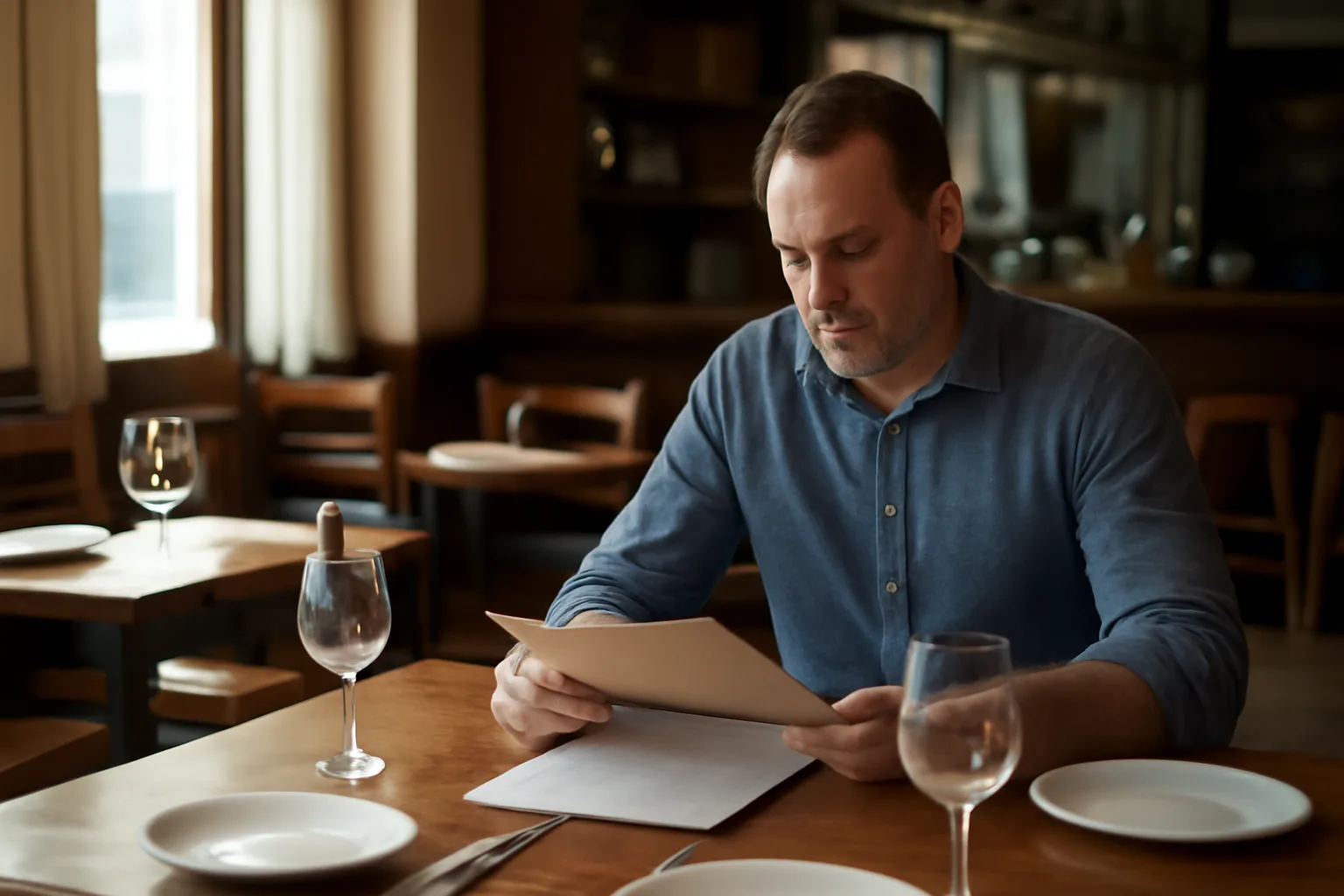 Restaurant owner reviewing documents at a table before a New York liquor license opening