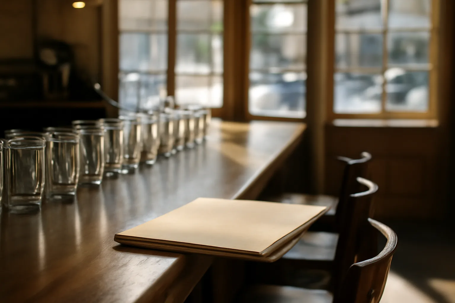 Empty restaurant bar counter with closed paperwork folder, representing Texas liquor license planning