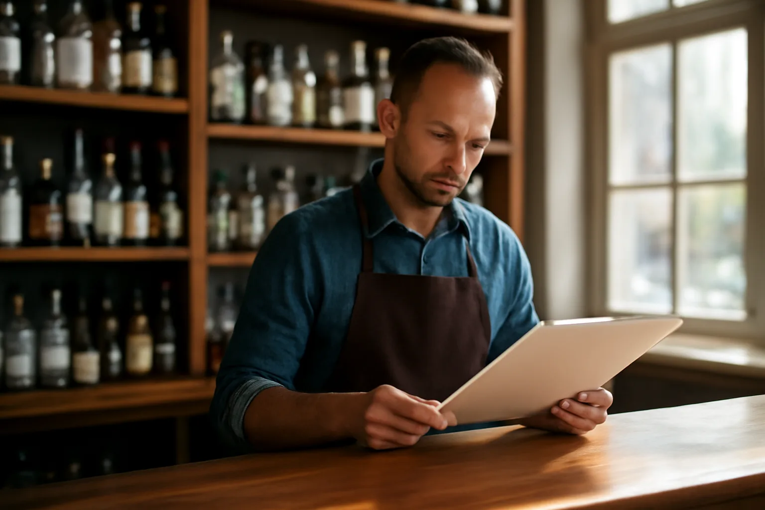 Bar owner reviewing renewal documents behind the counter in daylight
