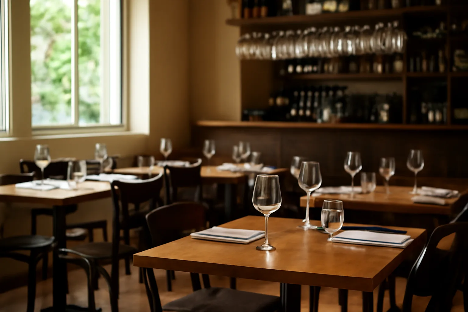 Empty restaurant dining room and bar counter before opening, representing Virginia ABC license planning