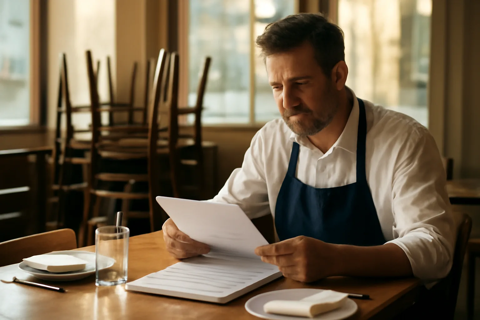 restaurant owner reviewing liquor license paperwork at an empty dining table