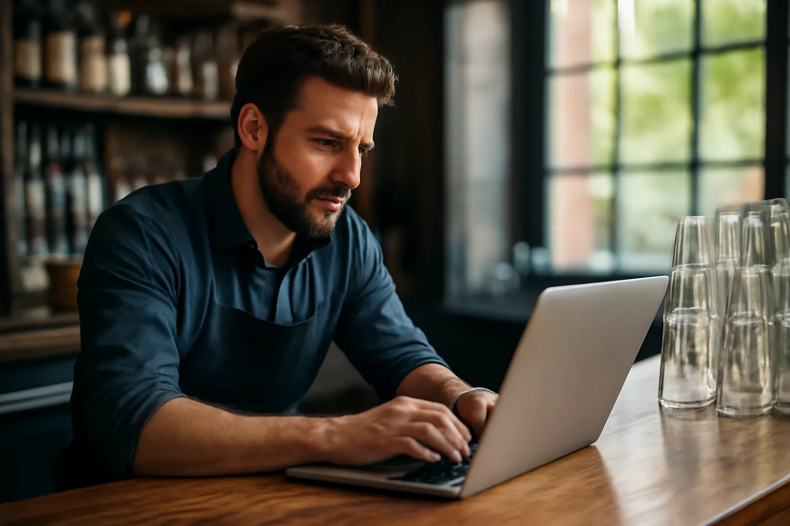 Bar owner checking liquor license status online at a laptop on a bar counter