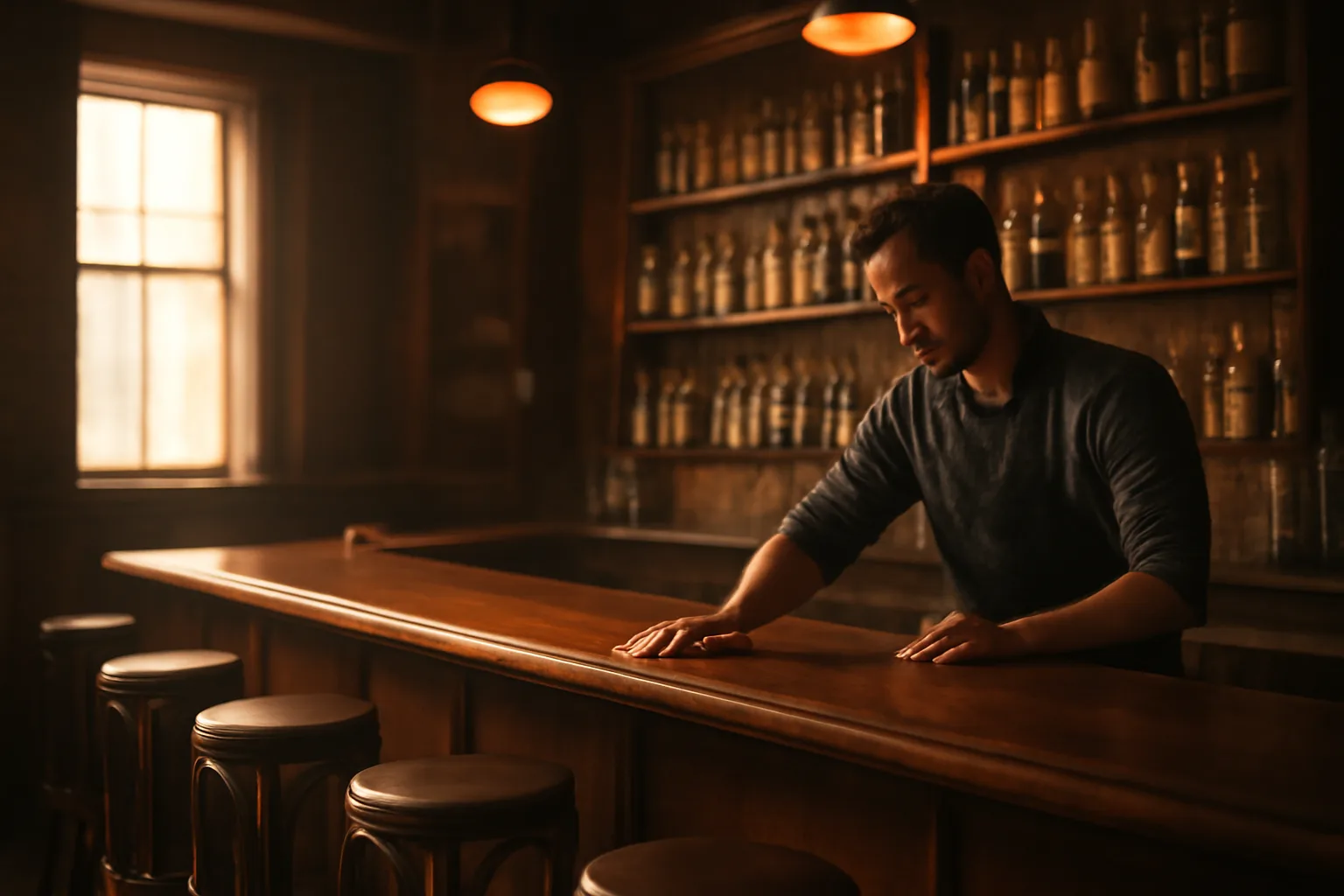 Bartender wiping down an empty bar counter in soft daylight before opening