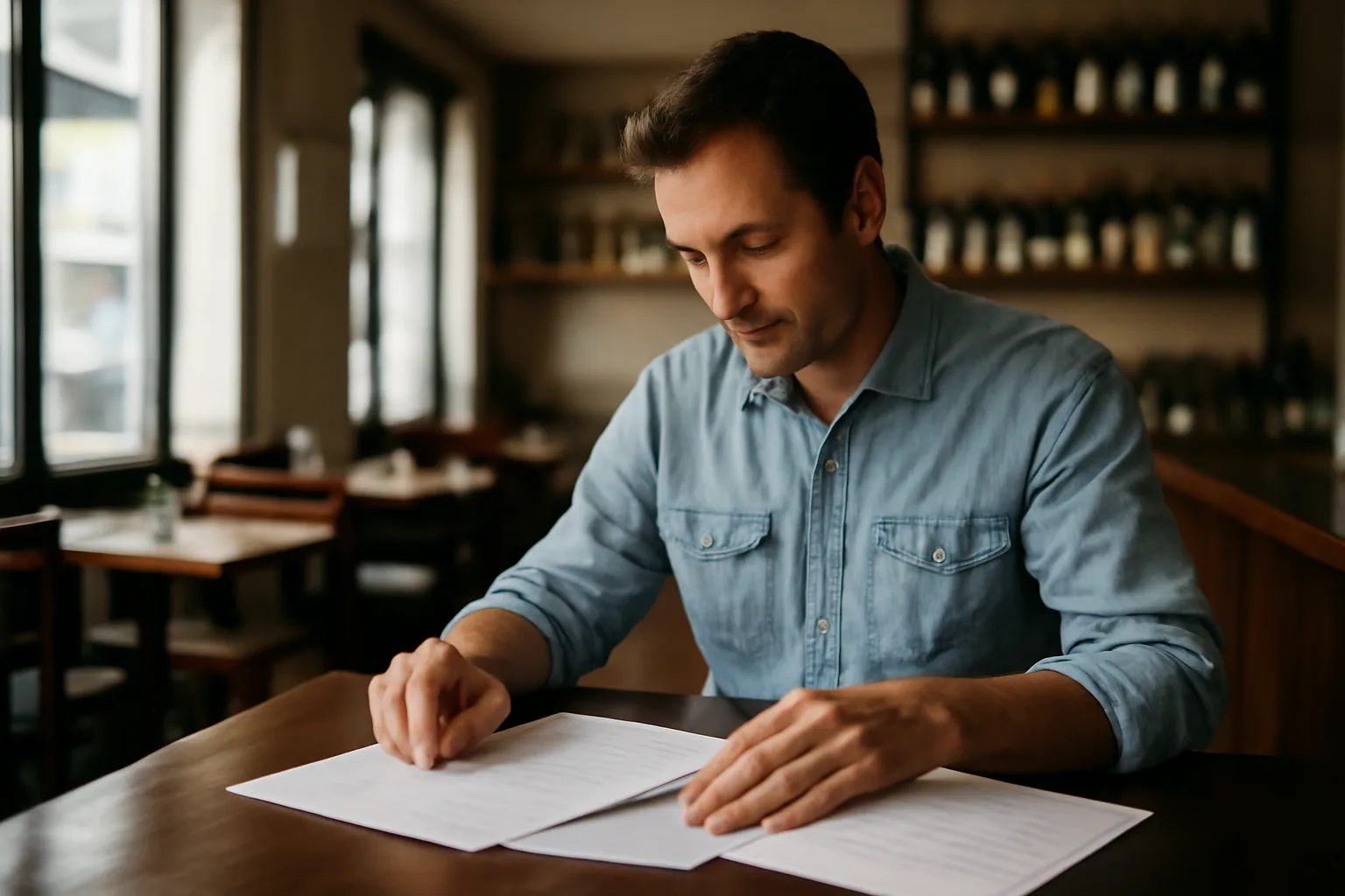Restaurant owner reviewing documents at a bar counter while planning a liquor license application