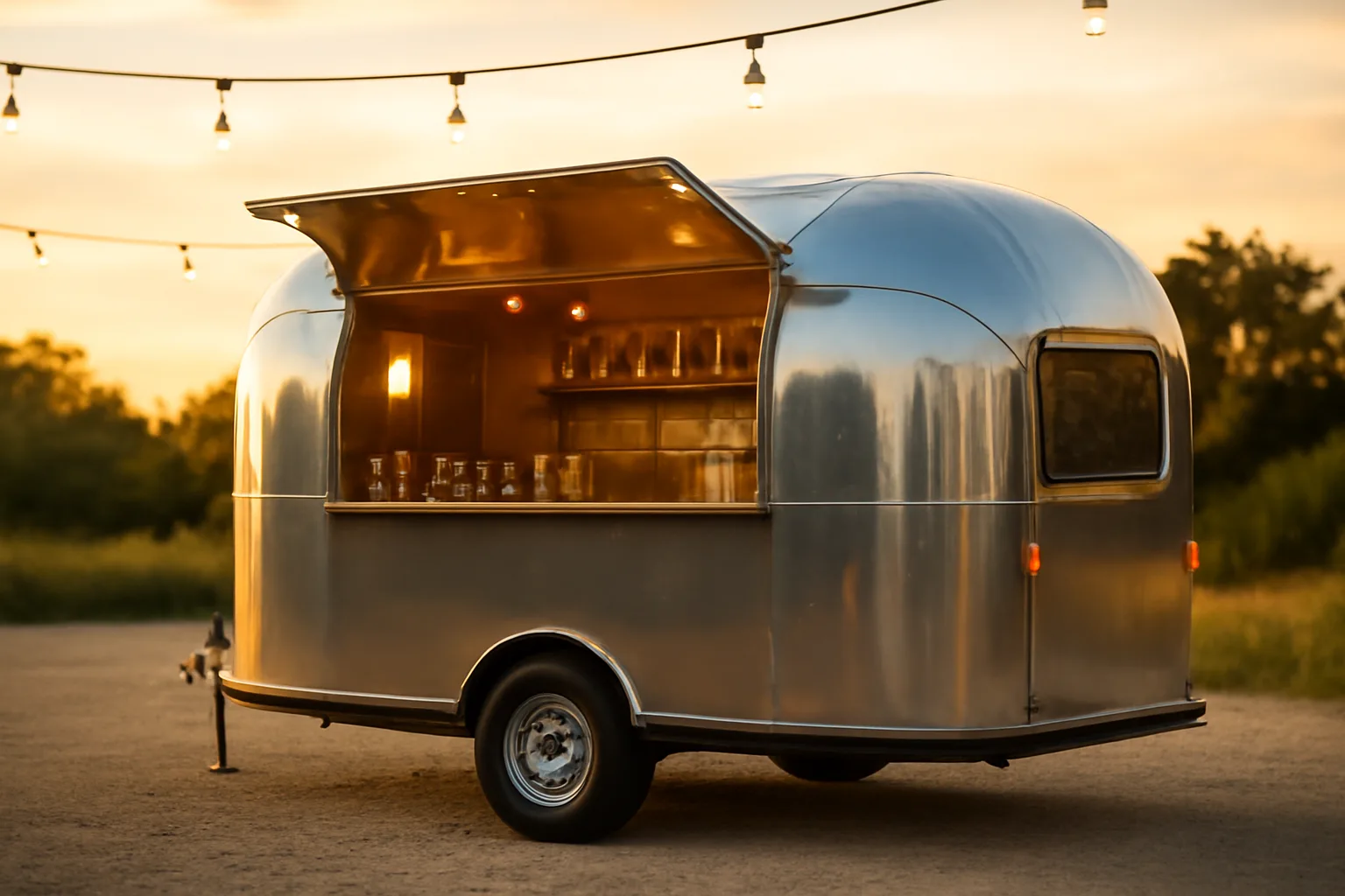 Mobile bar trailer set up outdoors at golden hour before an event