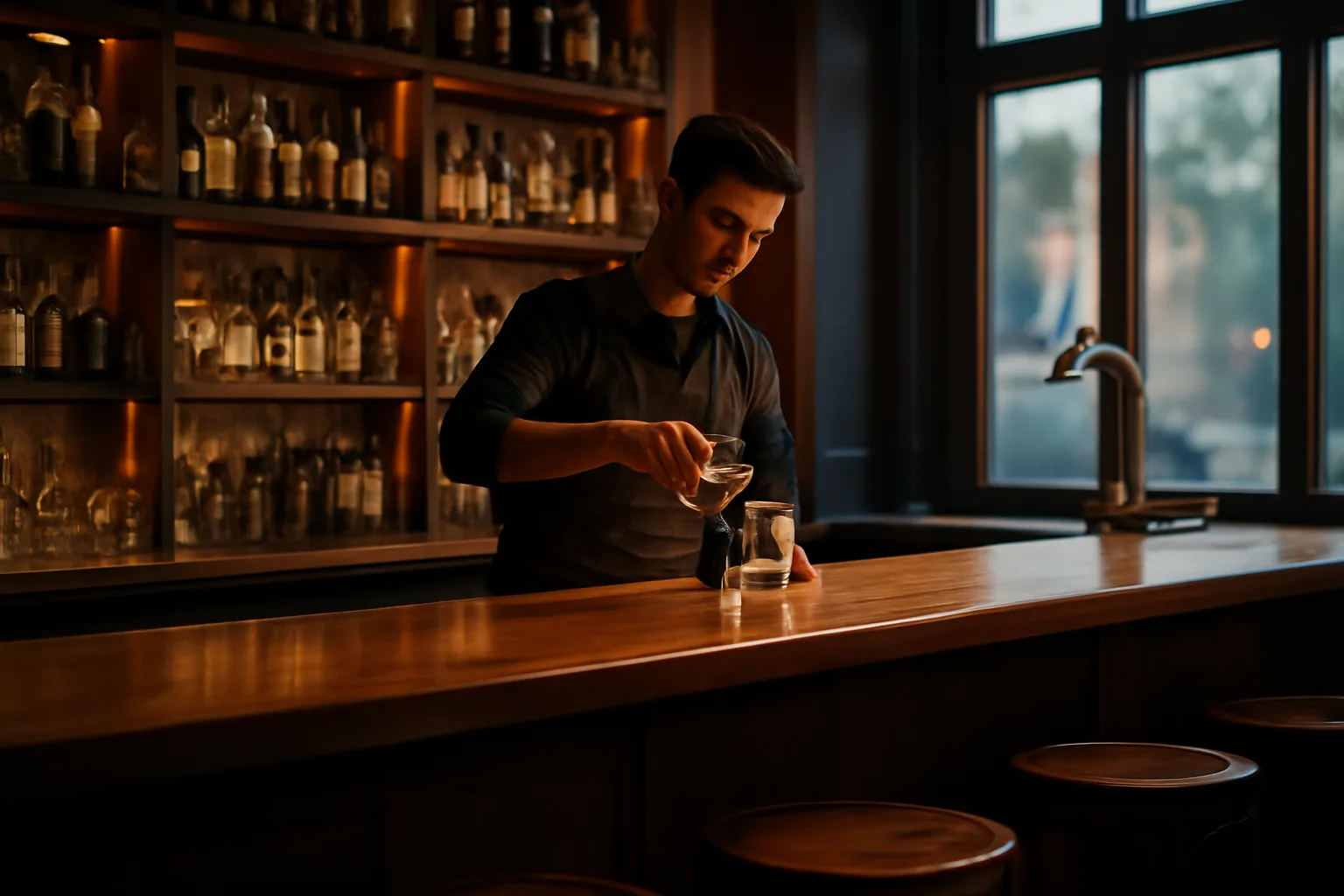 Bartender pouring a drink at a restaurant bar during golden hour light