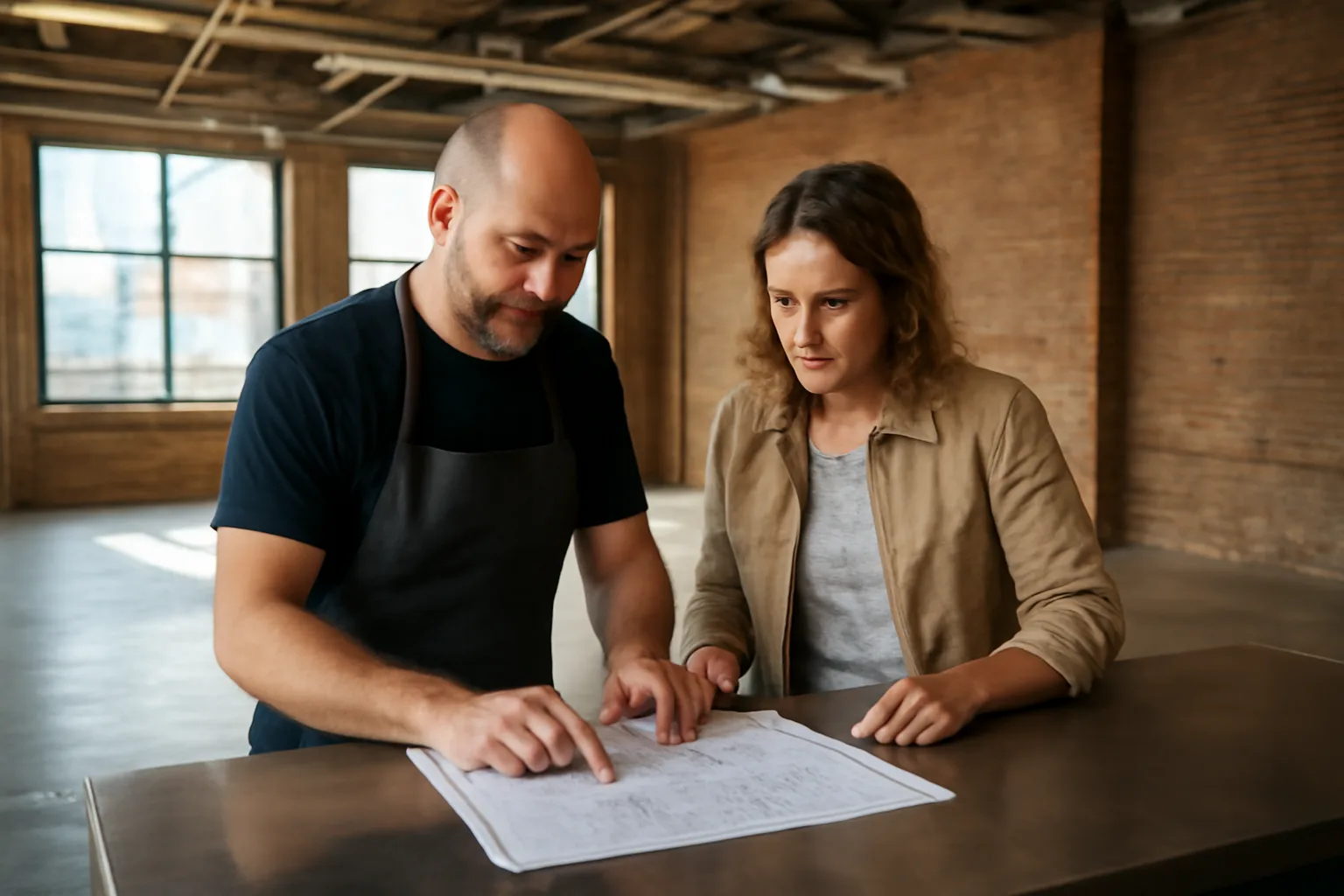 Restaurant owner and inspector reviewing floor plan during Oklahoma City liquor license inspection