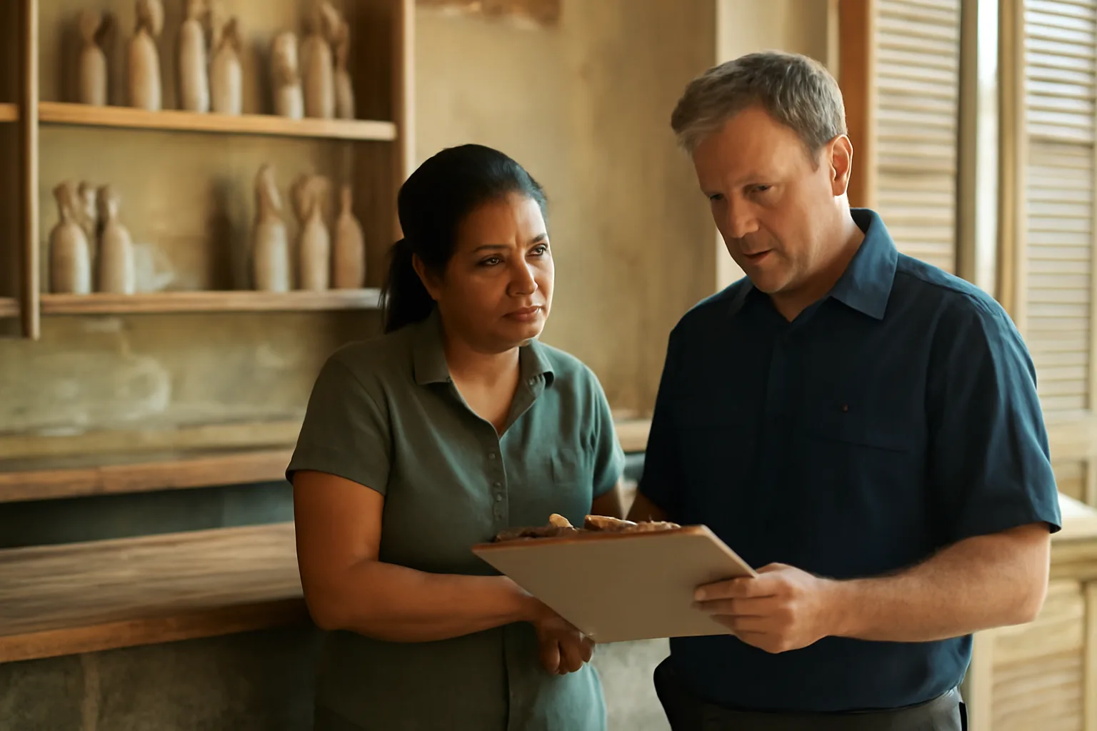 Restaurant owner reviewing paperwork with an official inside a bar under renovation