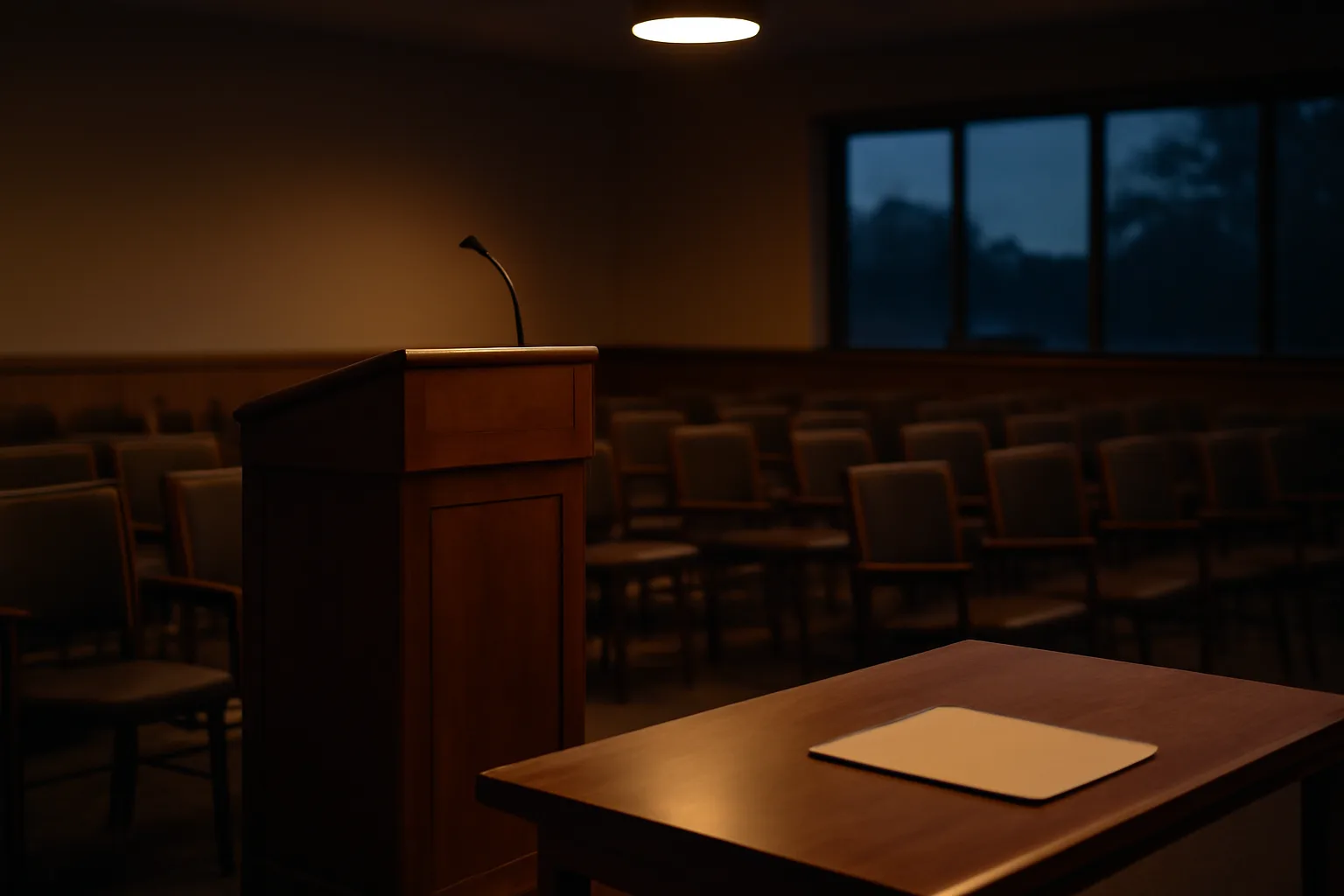Empty city council chamber where local liquor license applications are reviewed in Minnesota
