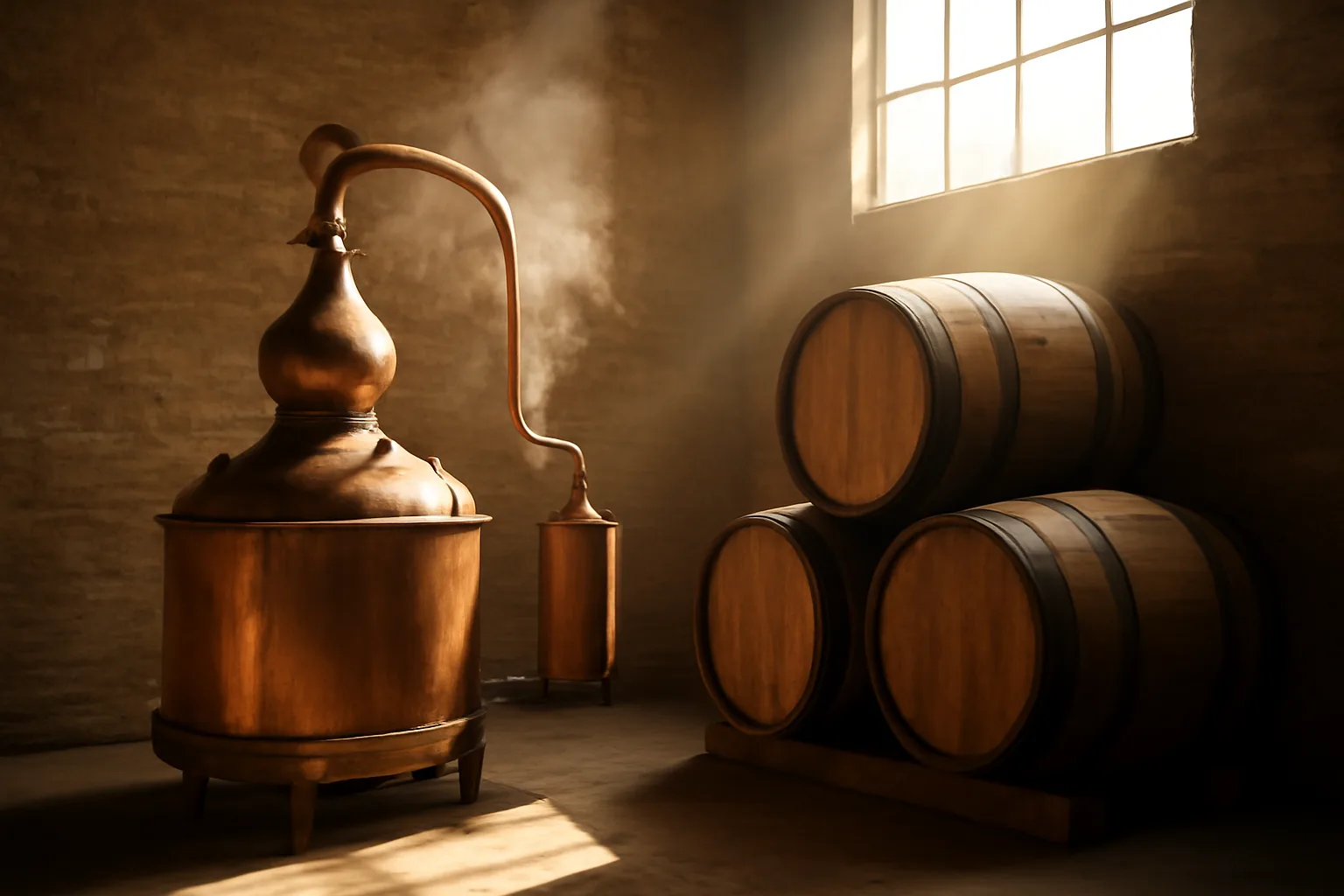 Copper distilling still and oak barrels in a sunlit production warehouse