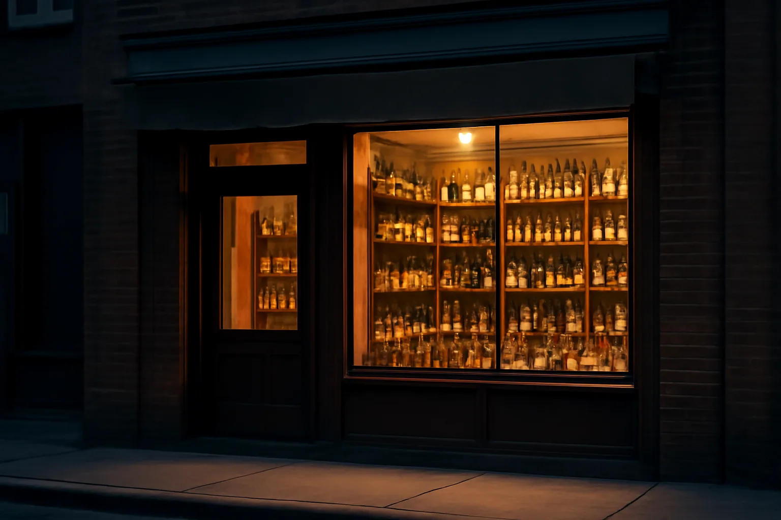 Independent liquor store storefront lit at dusk with bottles visible through the window