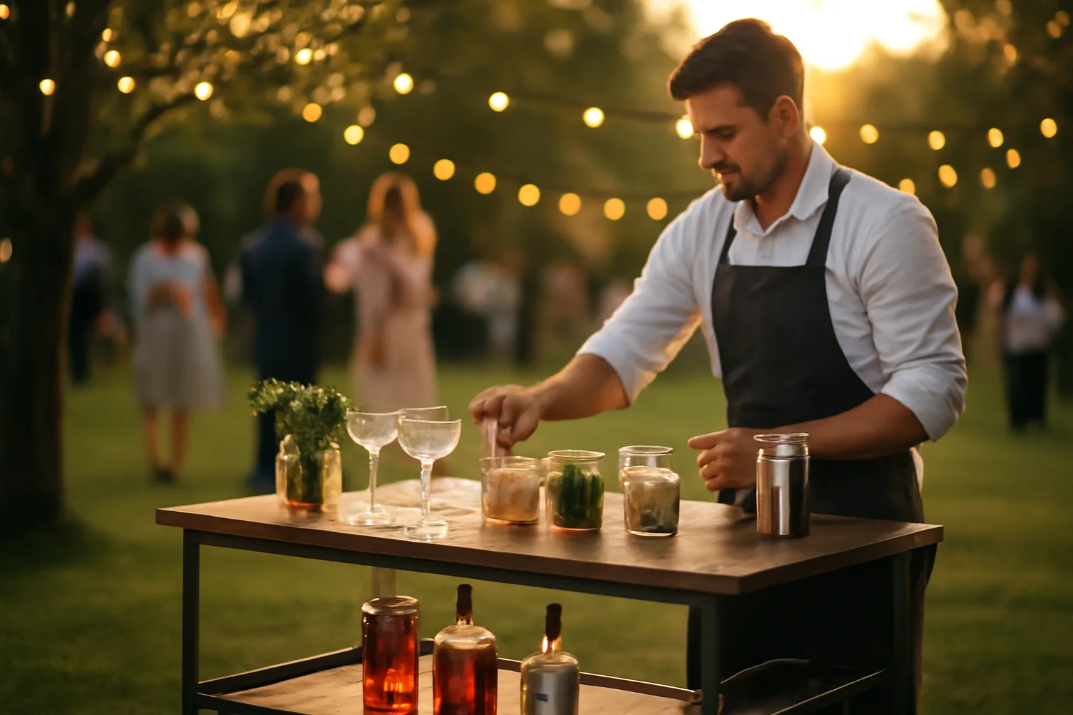 Mobile bar cart being set up outdoors before an evening event