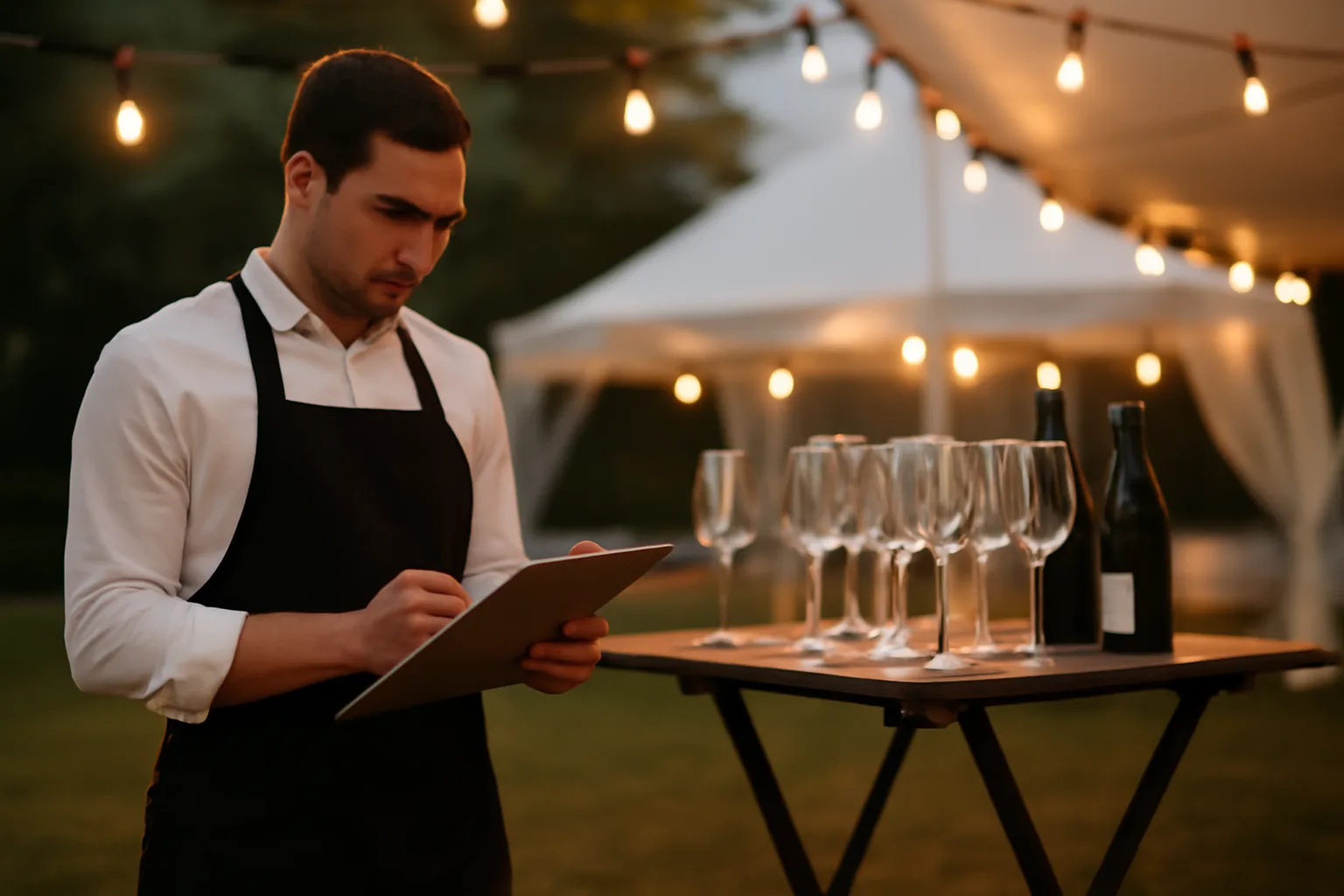 Caterer preparing a bar setup at an outdoor evening event under string lights