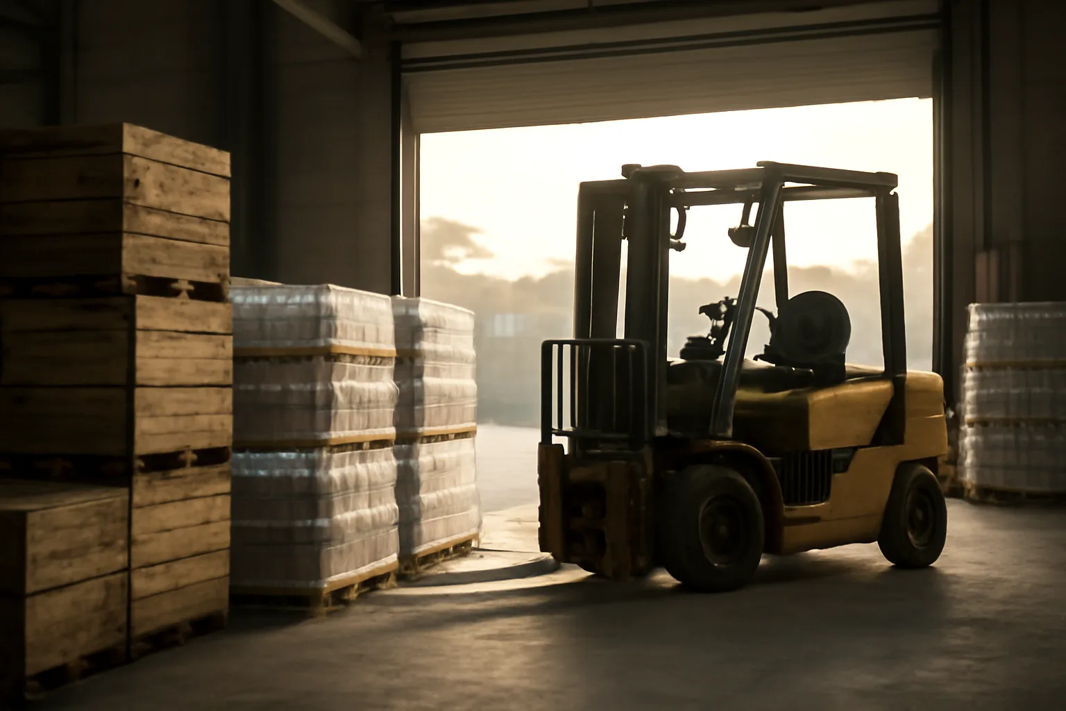 Warehouse loading dock with pallets of bottles, relevant to wholesale liquor license operations