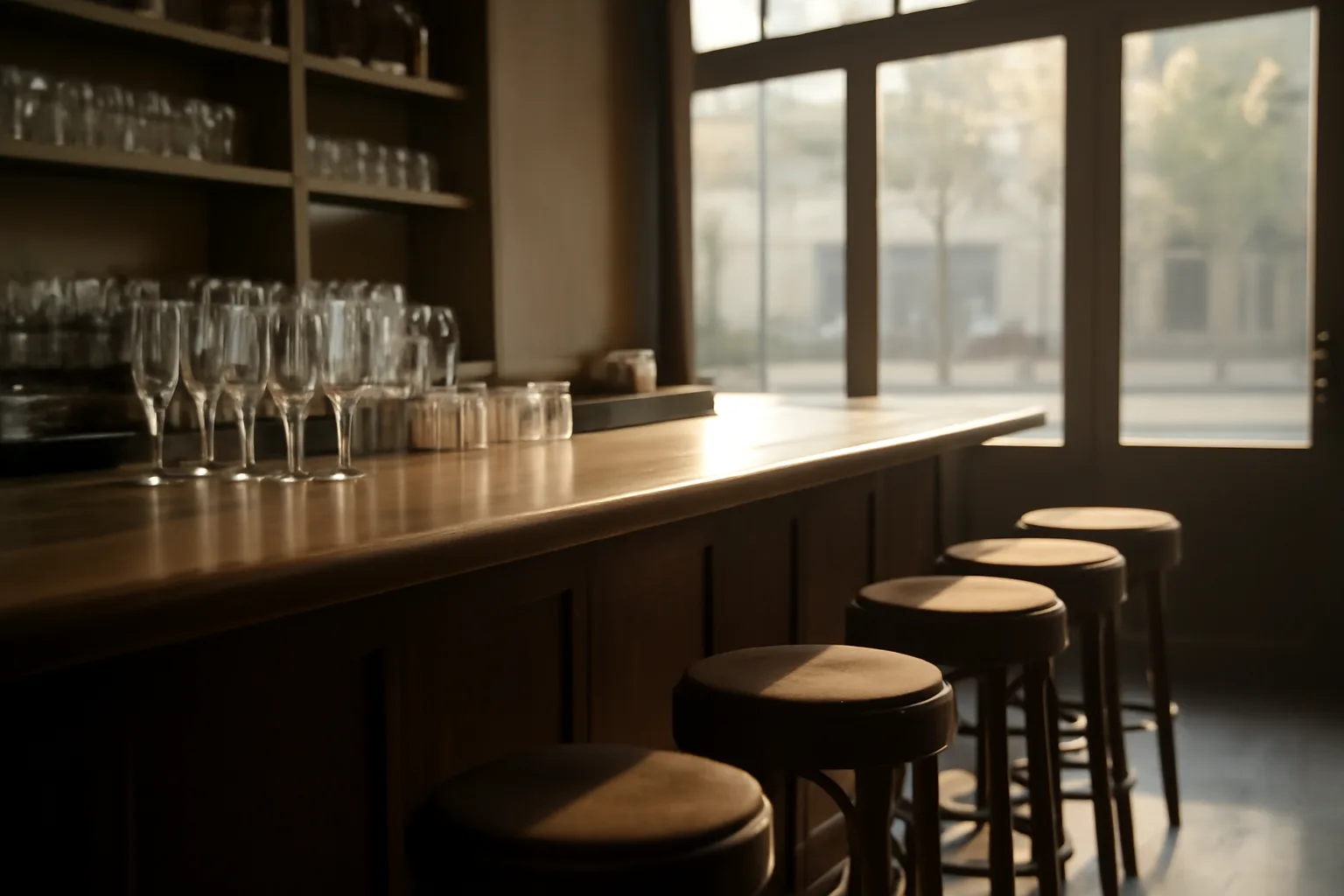 Empty restaurant bar interior in morning light before opening, related to Delaware liquor licensing