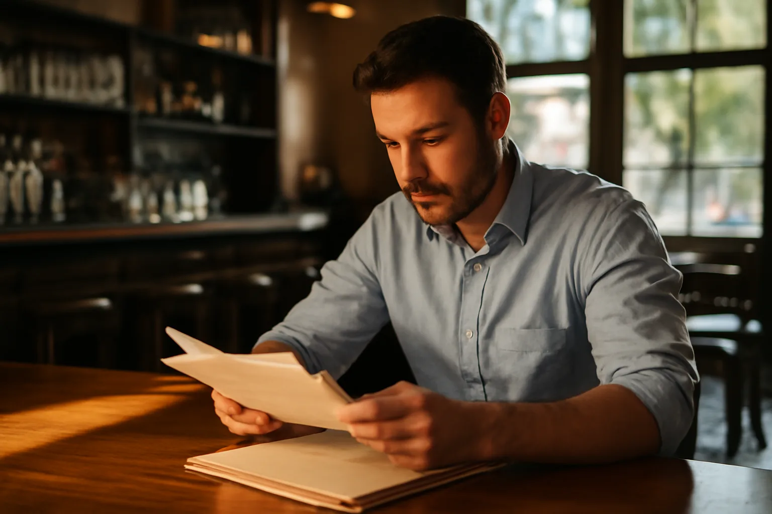 restaurant owner reviewing paperwork at empty bar while planning liquor license application