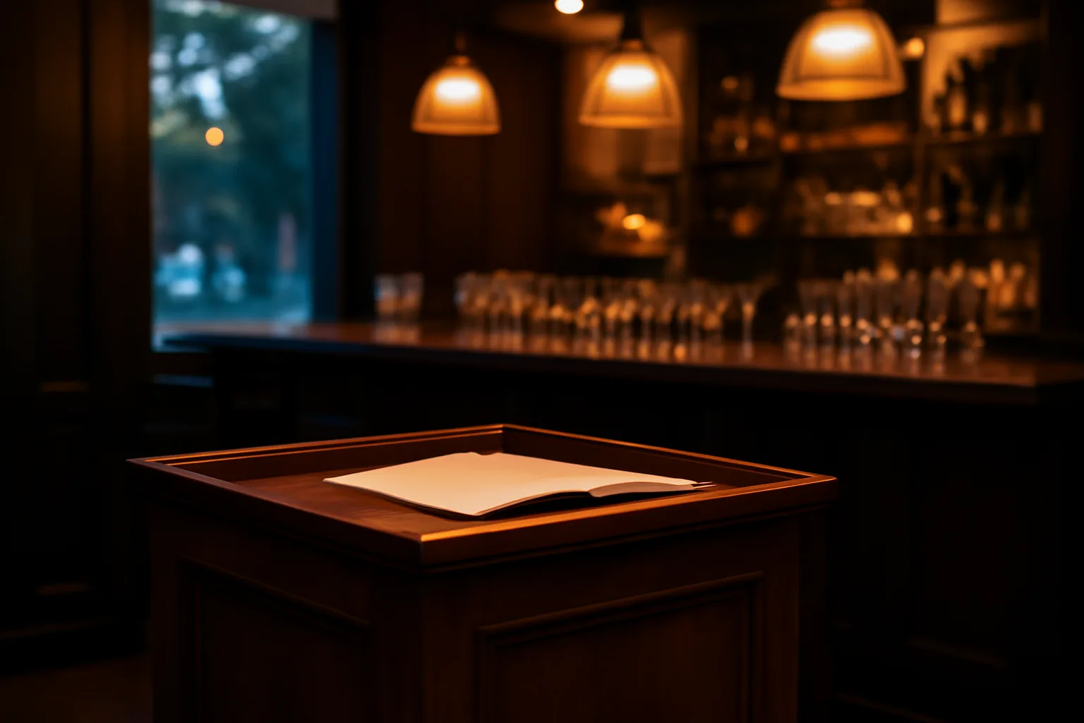 Empty restaurant bar area at dusk representing liquor license application planning