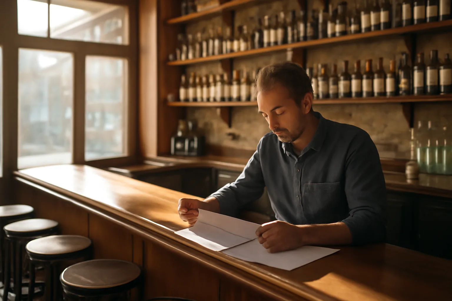 Bar owner reviewing paperwork at an empty bar before opening, liquor license planning