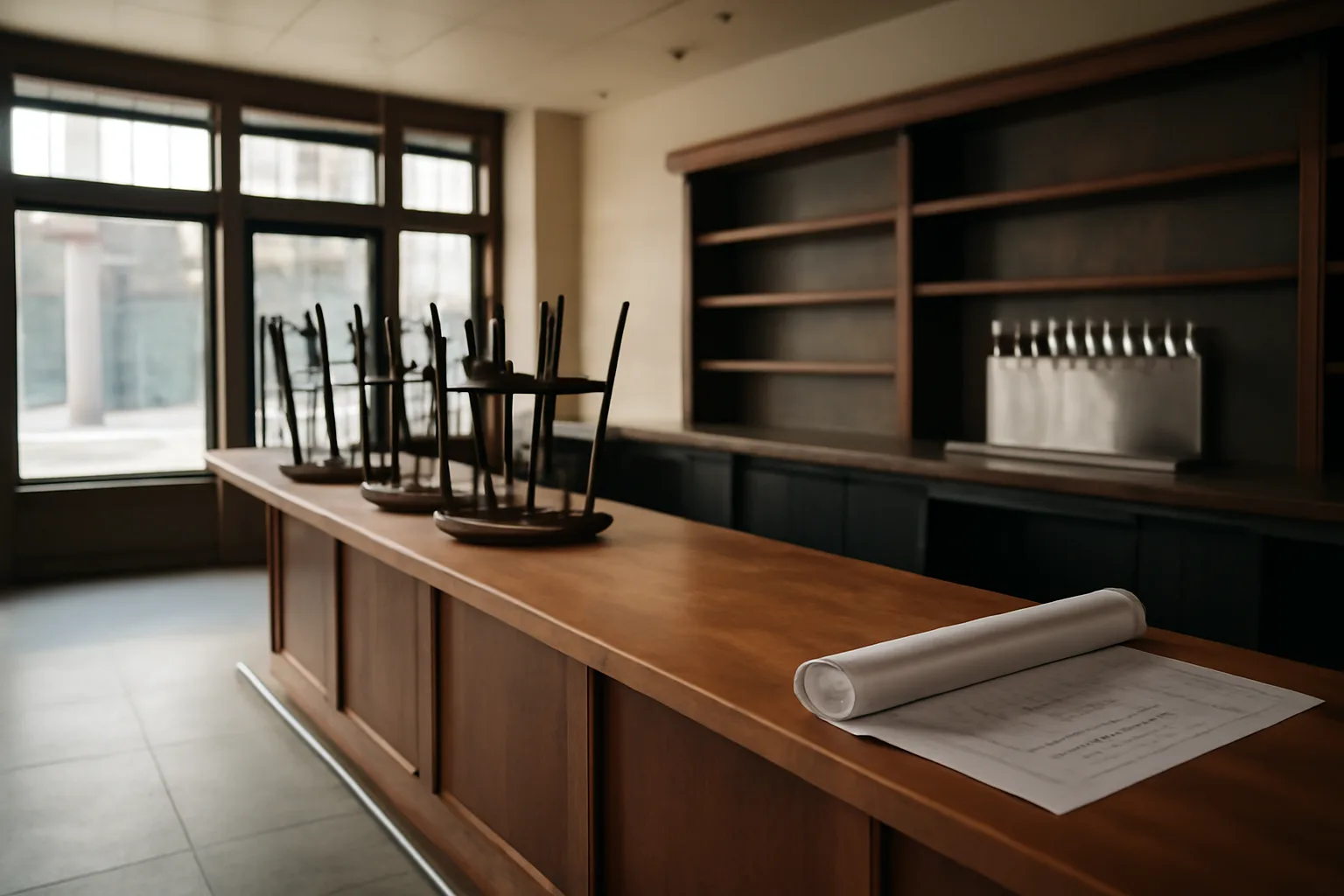 Empty leased bar interior during buildout while owner applies for a bar license