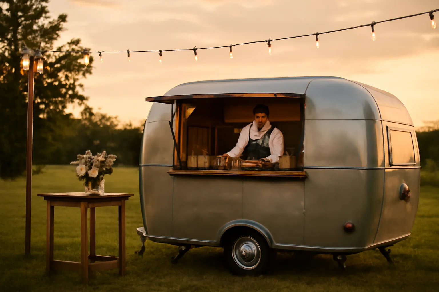 Mobile bar trailer set up outdoors at golden hour for a private event