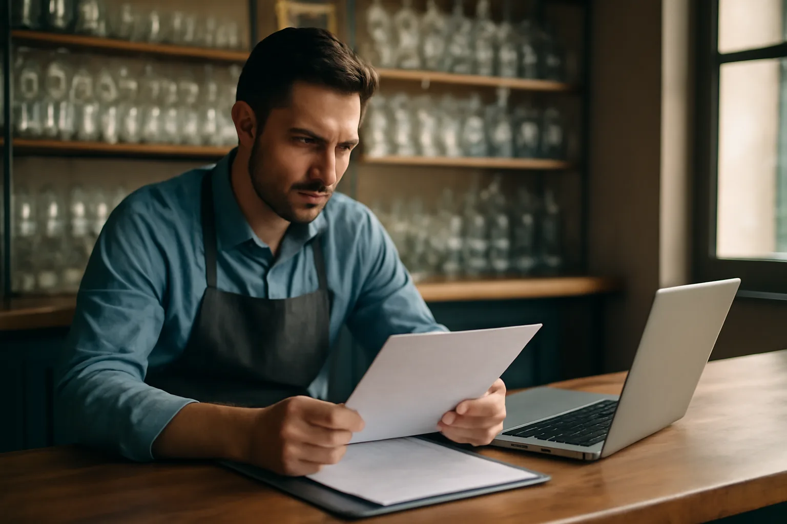 Restaurant owner reviewing liquor license paperwork at an empty bar counter